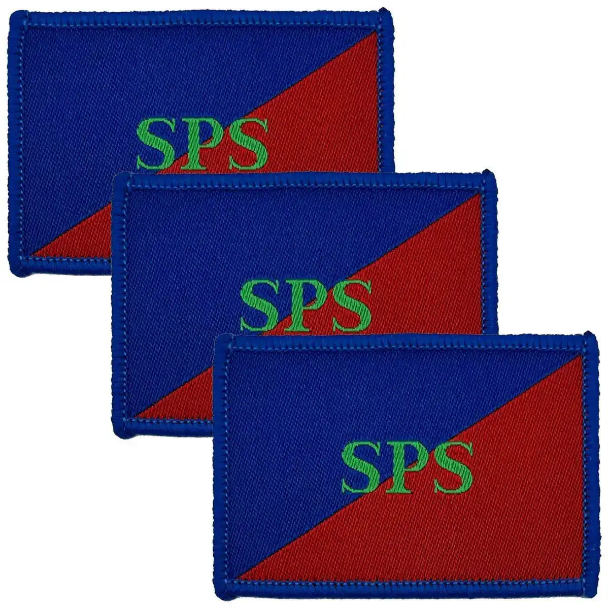 Set of three Adjutant Generals Corps SPS TRF patches with hook & loop backing, featuring red and blue diagonal design and green SPS text. 3 Pack from  John Bull Clothing 