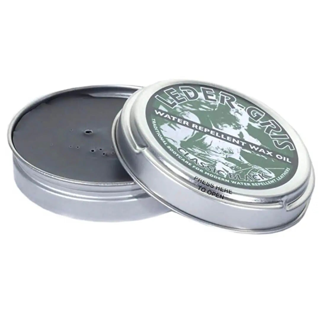 Leder-Gris black water repellent wax oil tin from the Altberg Military Boot Care Kit, designed to restore and waterproof military-grade boots.  from  John Bull Clothing 