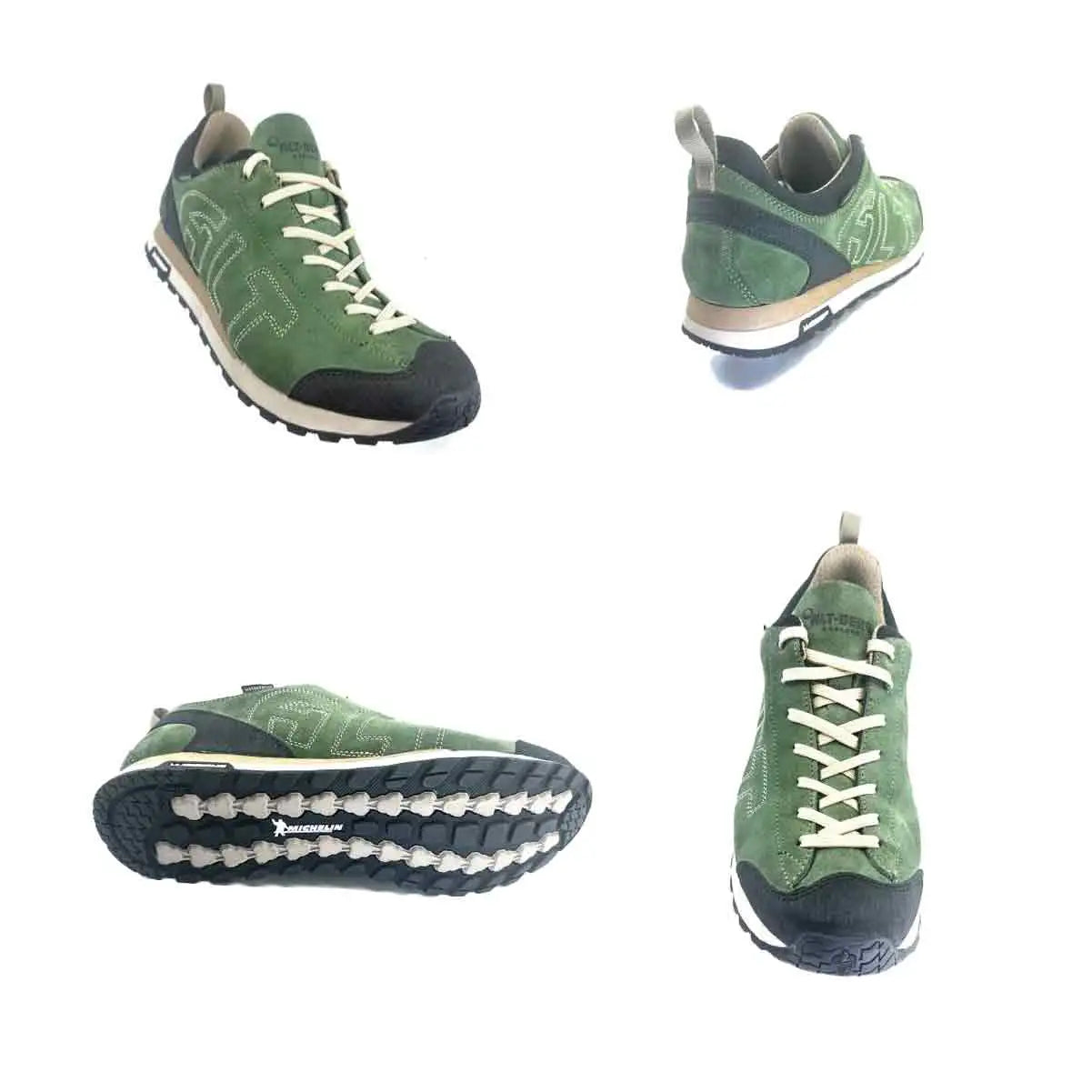 Multiple angles of green Altberg Wensley Waterproof Outdoor Shoe highlighting suede material, waterproof tag, and Michelin sole.  from  John Bull Clothing 