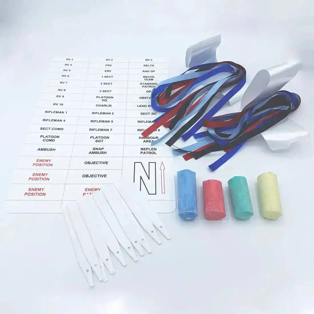 Army Commanders Orders Model Kit with kit cards, colored chalk, plastic markers, and red, blue, black ribbons for outdoor tactical planning.  from  John Bull Clothing 