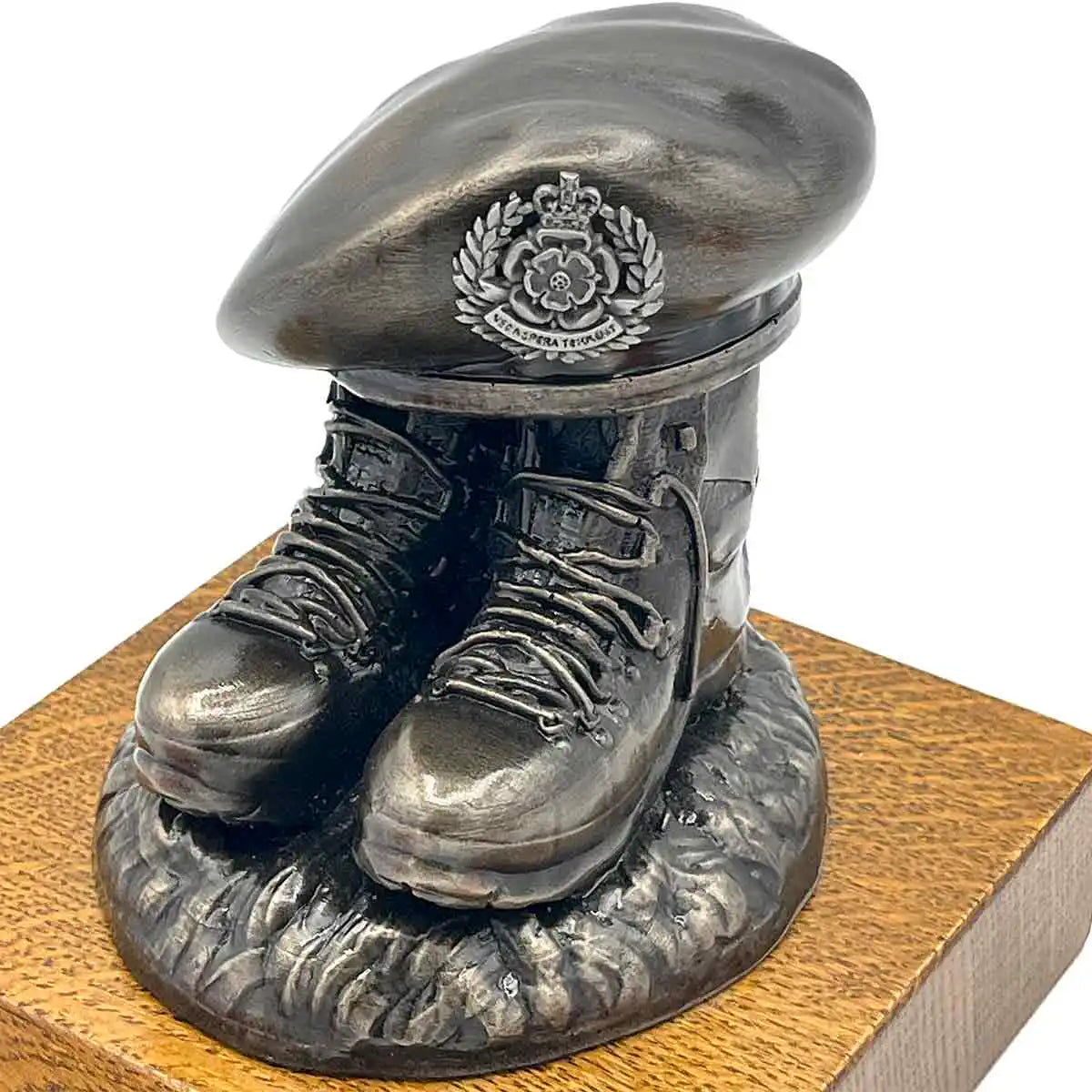 Close-up of Beret and Boots Statue Bronze Resin on Oak Base | John Bulls with custom cap badge, perfect for military tribute decor.  from  John Bull Clothing 
