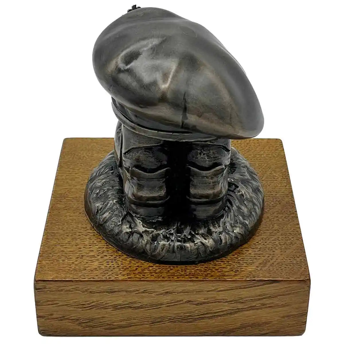 Rear view of Beret and Boots Statue Bronze Resin on Oak Base | John Bulls, highlighting beret shape and oak base craftsmanship.  from  John Bull Clothing 