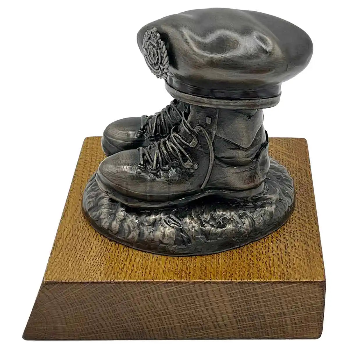 Side view of Beret and Boots Statue Bronze Resin on Oak Base | John Bulls, showcasing realistic boot texture and beret detail.  from  John Bull Clothing 