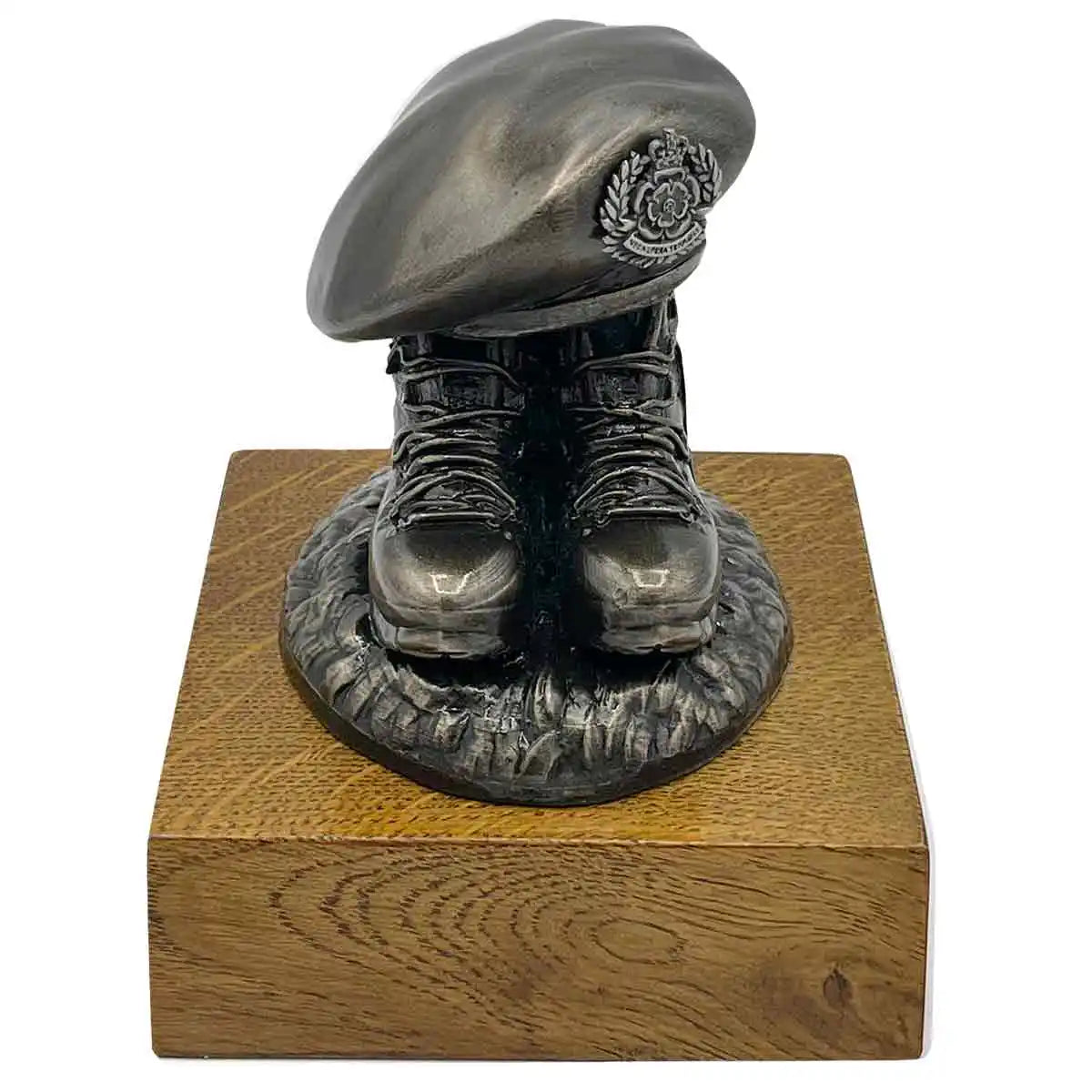 Beret and Boots Statue Bronze Resin on Oak Base | John Bulls army sculpture featuring detailed boots and beret on a solid oak plinth.  from  John Bull Clothing 