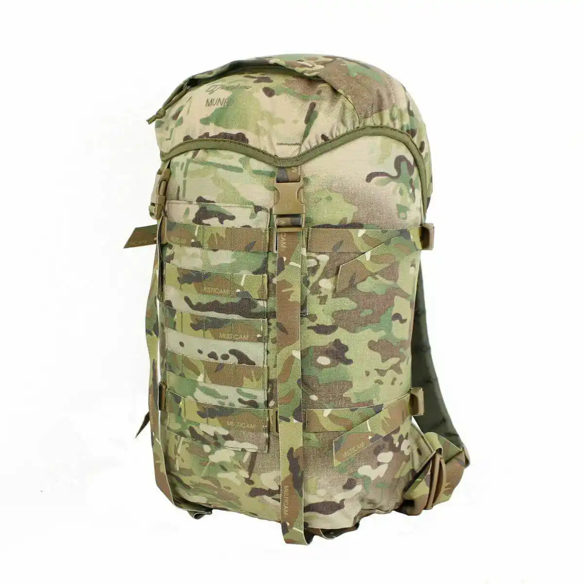 Angled front view of Multicam Berghaus Munro II IR Tactical Daysack with MOLLE webbing and tactical design for field operations.  from  John Bull Clothing 