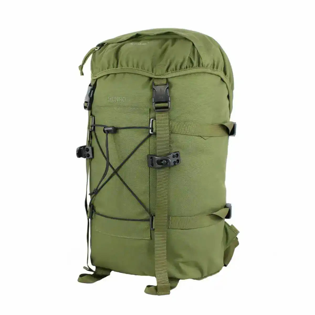 Side view of green Berghaus Munro II IR Tactical Daysack showing compression straps and durable 1000D Armadura fabric construction.  from  John Bull Clothing 