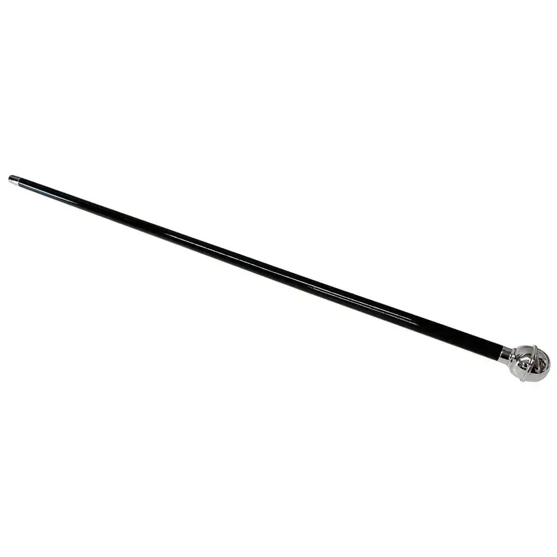 Full-length view of the 27-inch Black Regimental Swagger Stick with a sleek wooden shaft and chrome plain top, used by military officers.  from  John Bull Clothing 