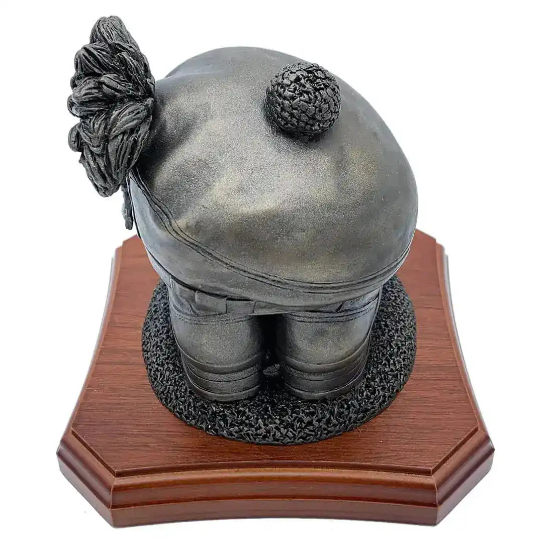Rear angle of Boots and Tam O'Shanter Statue highlighting the textured Tam O'Shanter cap and boot details. Bronze resin army tribute for home or office.  from  John Bull Clothing 