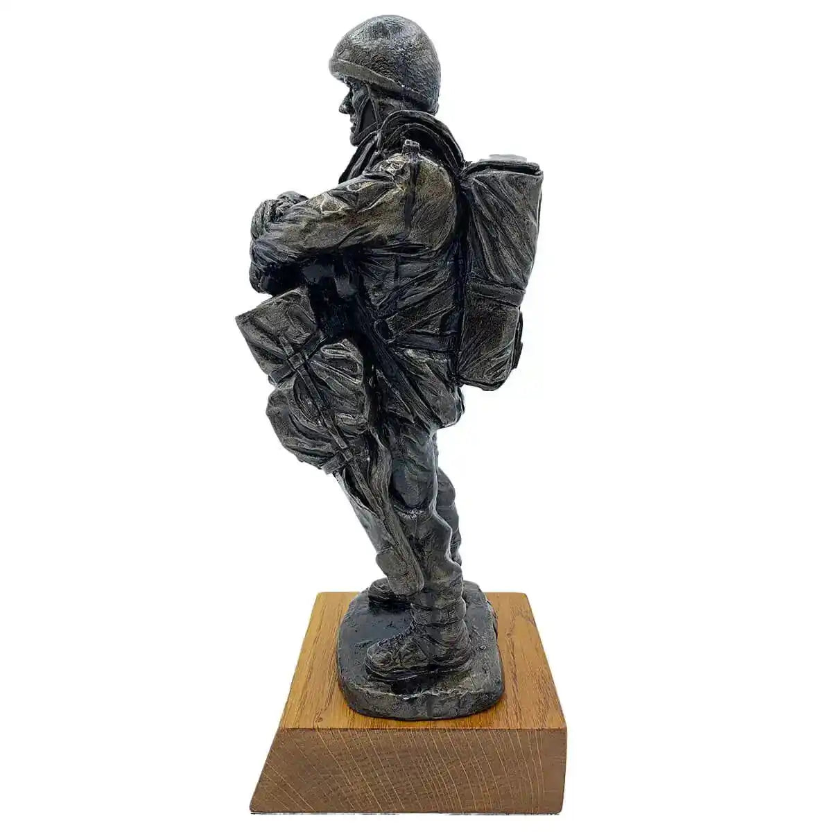 Side view of Bronze Resin Airborne Drop Order Statue showing detailed paratrooper equipment and oak base, perfect for army-themed displays.  from  John Bull Clothing 