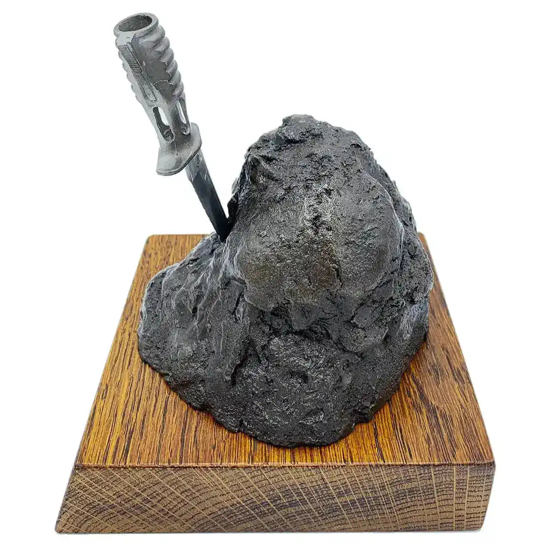Side view of Bronze Resin Bayonet in the Rock Presentation sculpture, showcasing rugged rock texture and oak wood base for home or office decor.  from  John Bull Clothing 