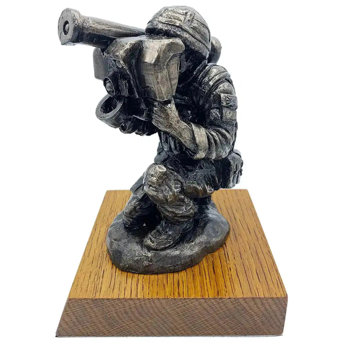 Detailed side view of Bronze Resin Javelin Operator Military Statue from John Bulls, featuring lifelike combat gear and anti-armor weapon.  from  John Bull Clothing 