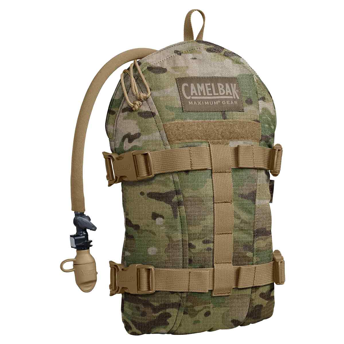 Camelbak Armorbak 3L Mil Spec Crux Short Hydration Pack in multicam camouflage, designed for military and tactical hydration with a rugged build.