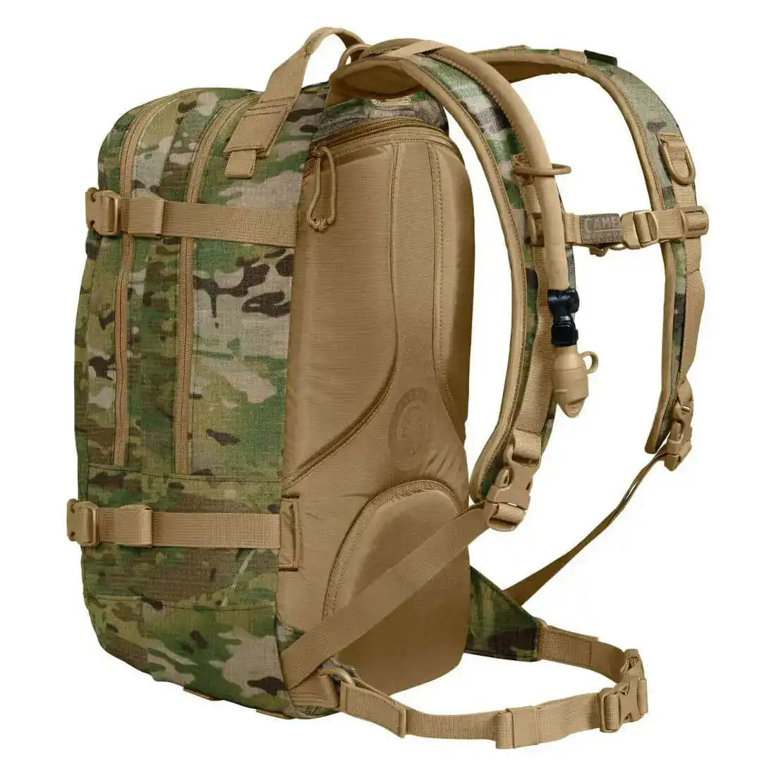 Rear view of Camelbak HAWG Multicam Backpack showing padded straps, back panel, and hydration system compatibility. Shop rugged 23L tactical backpack online.  from  John Bull Clothing 