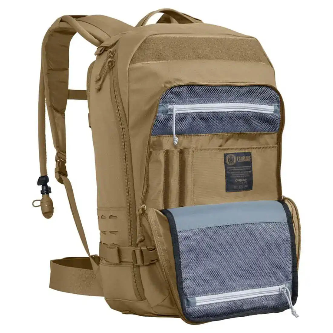 Front compartment of Camelbak Motherlode Mil Spec Crux Coyote 37L Backpack open to reveal mesh zippered pockets for gear organization.  from  John Bull Clothing 