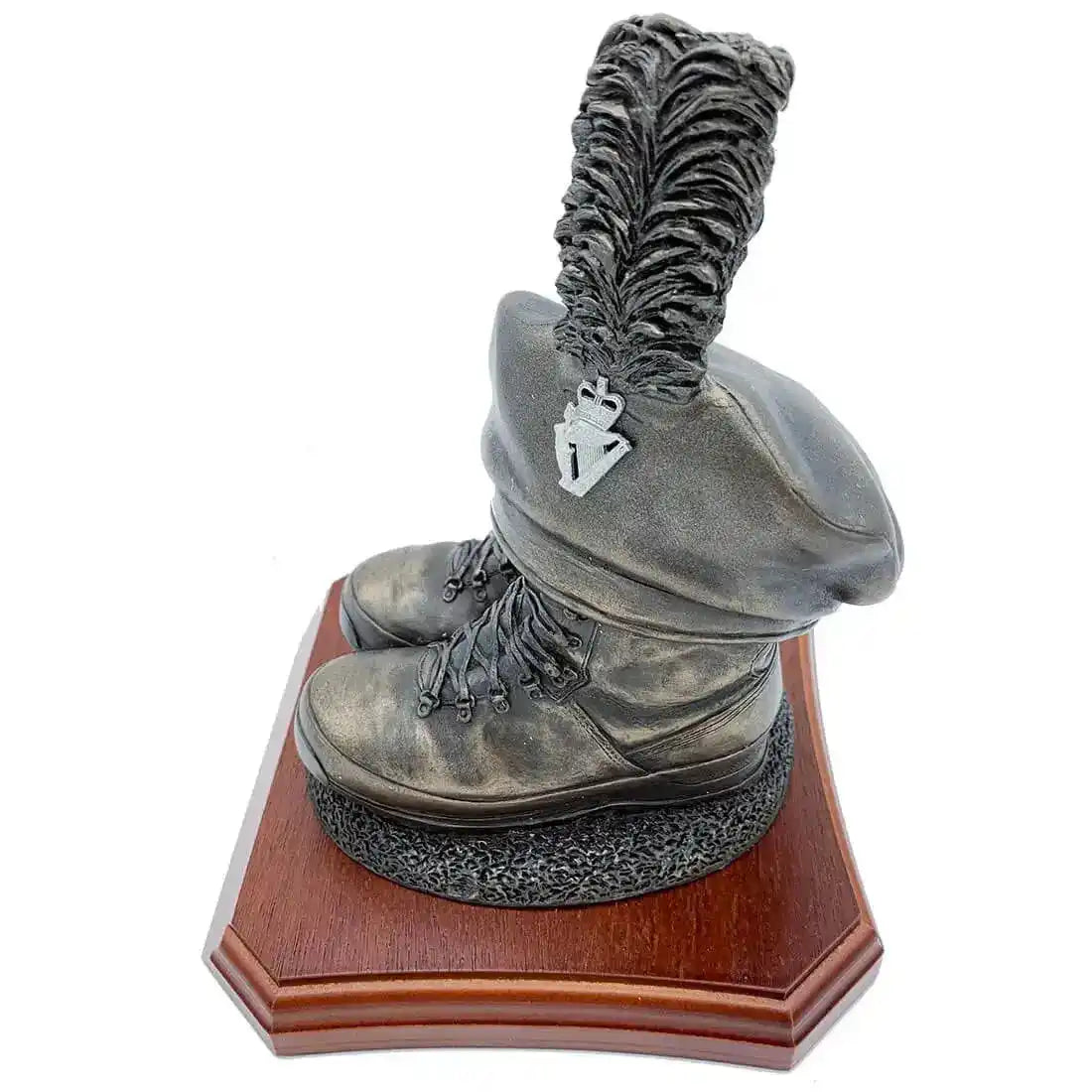 Detailed side view of Caubeen and Boots Bronze Resin Statue with feathered caubeen and laced boots, ideal for military decor.  from  John Bull Clothing 