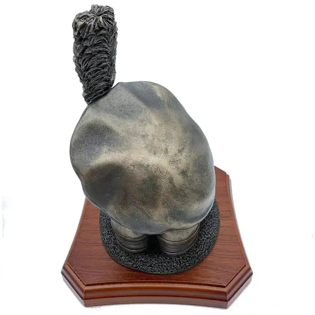 Rear view of Caubeen and Boots Bronze Resin Statue showing textured bronze finish and mounted wooden base for display.  from  John Bull Clothing 