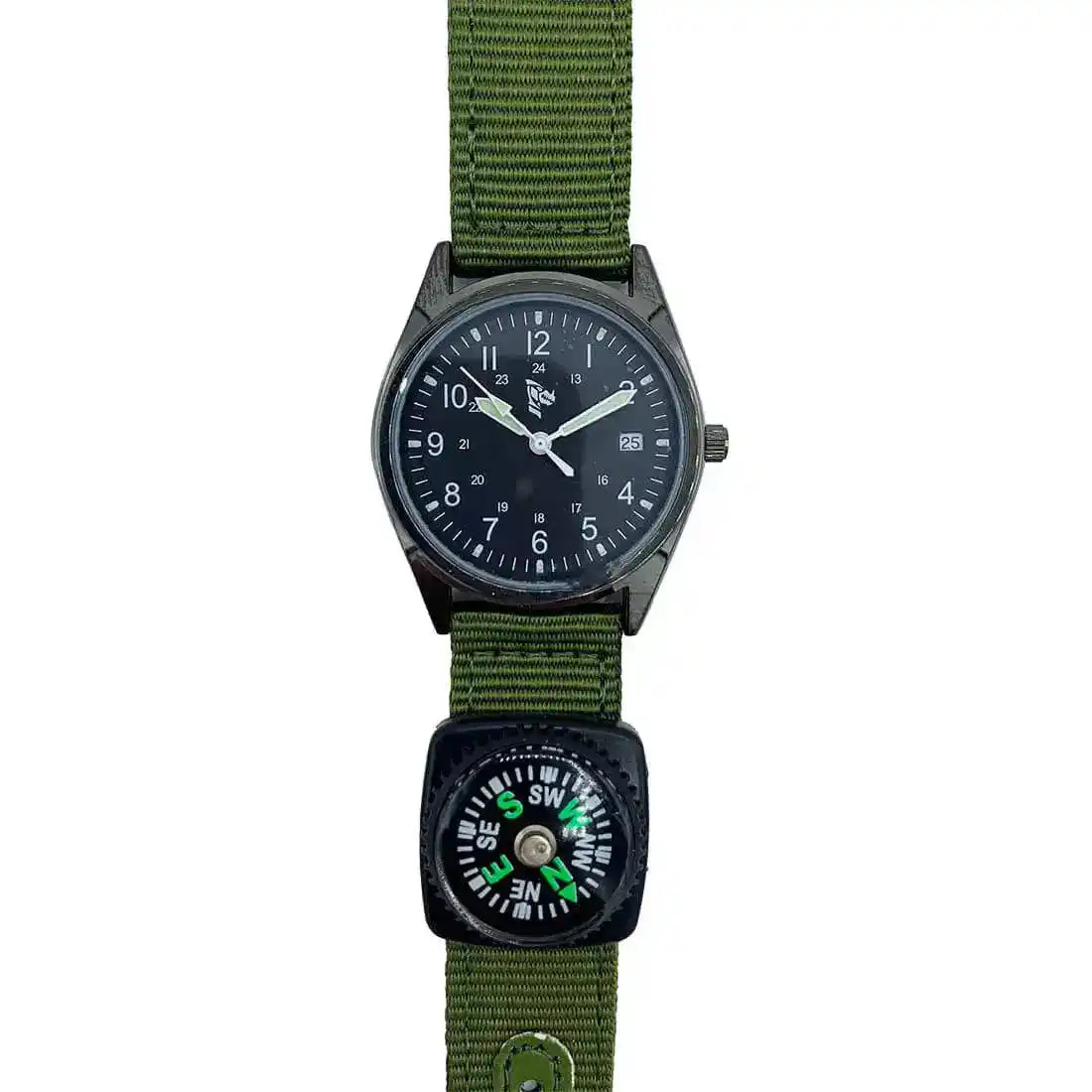 Dragon Tactical Watch with Compass featuring a black dial and green NATO strap, ideal for outdoor use. Includes adjustable crown and attached compass.  from  John Bull Clothing 