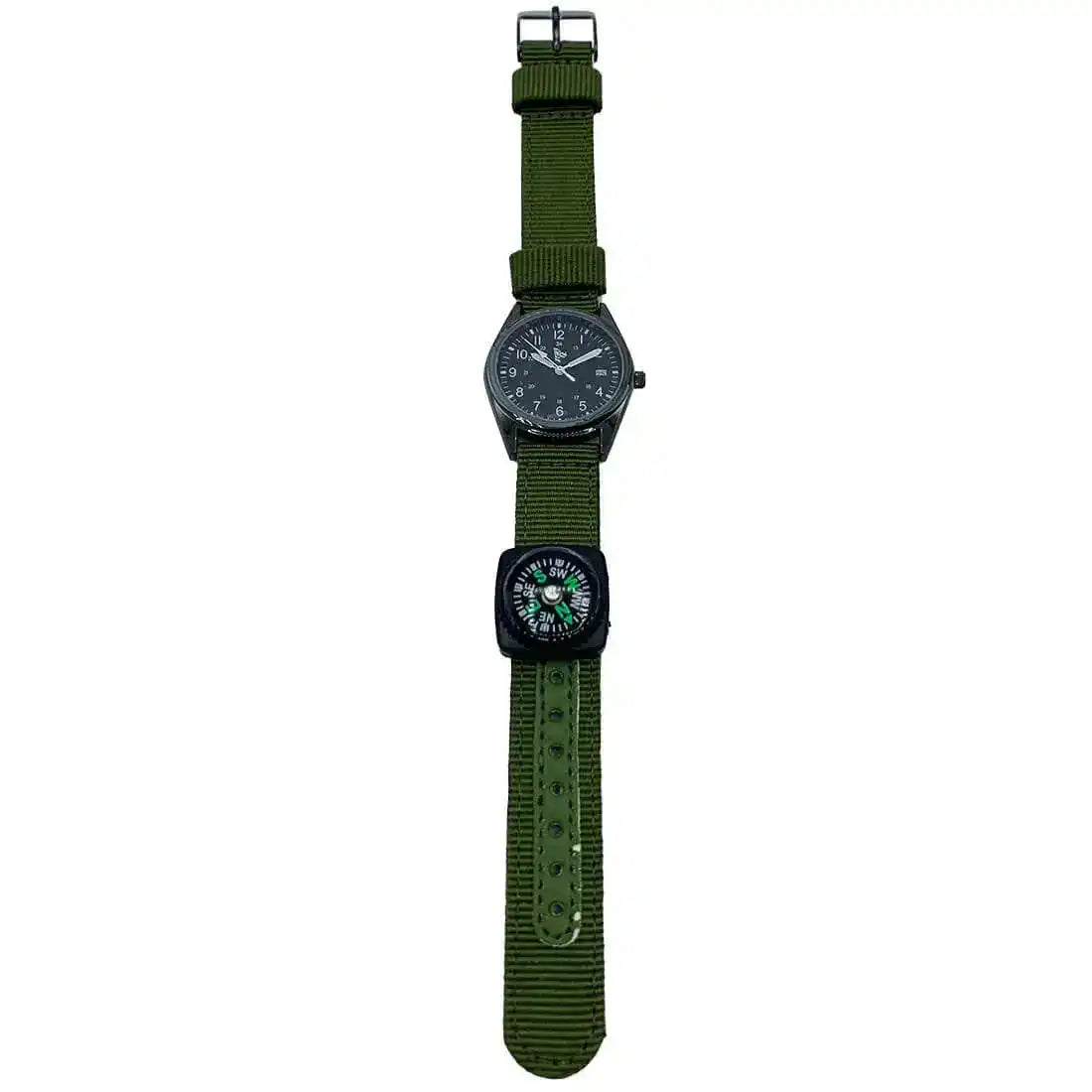 Full view of Dragon Tactical Watch with Compass and green NATO strap, designed for field use with integrated compass for navigation.  from  John Bull Clothing 