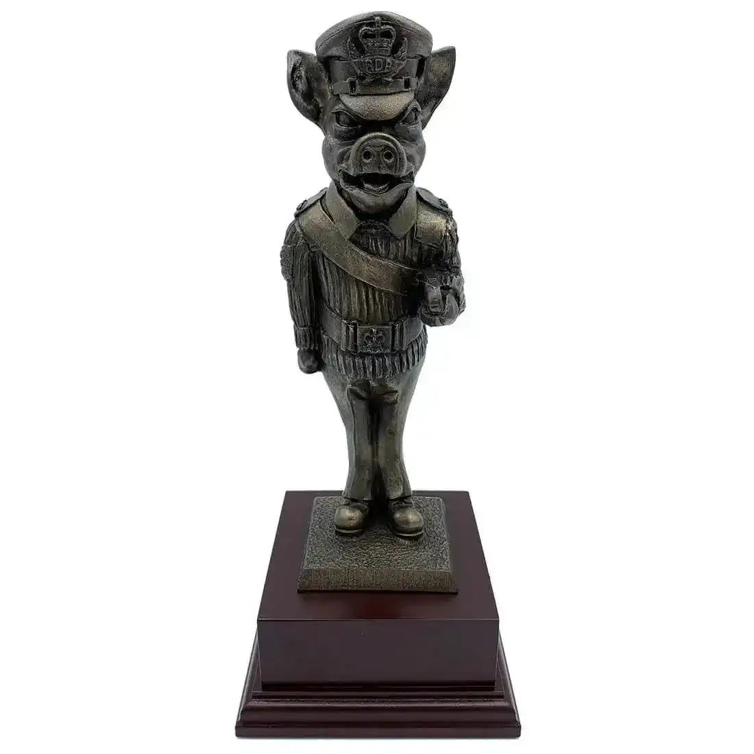 Drill Pig Sergeant Bronze Resin Statue in full military uniform on wooden base, ideal for army-themed home decor or collector's display.  from  John Bull Clothing 