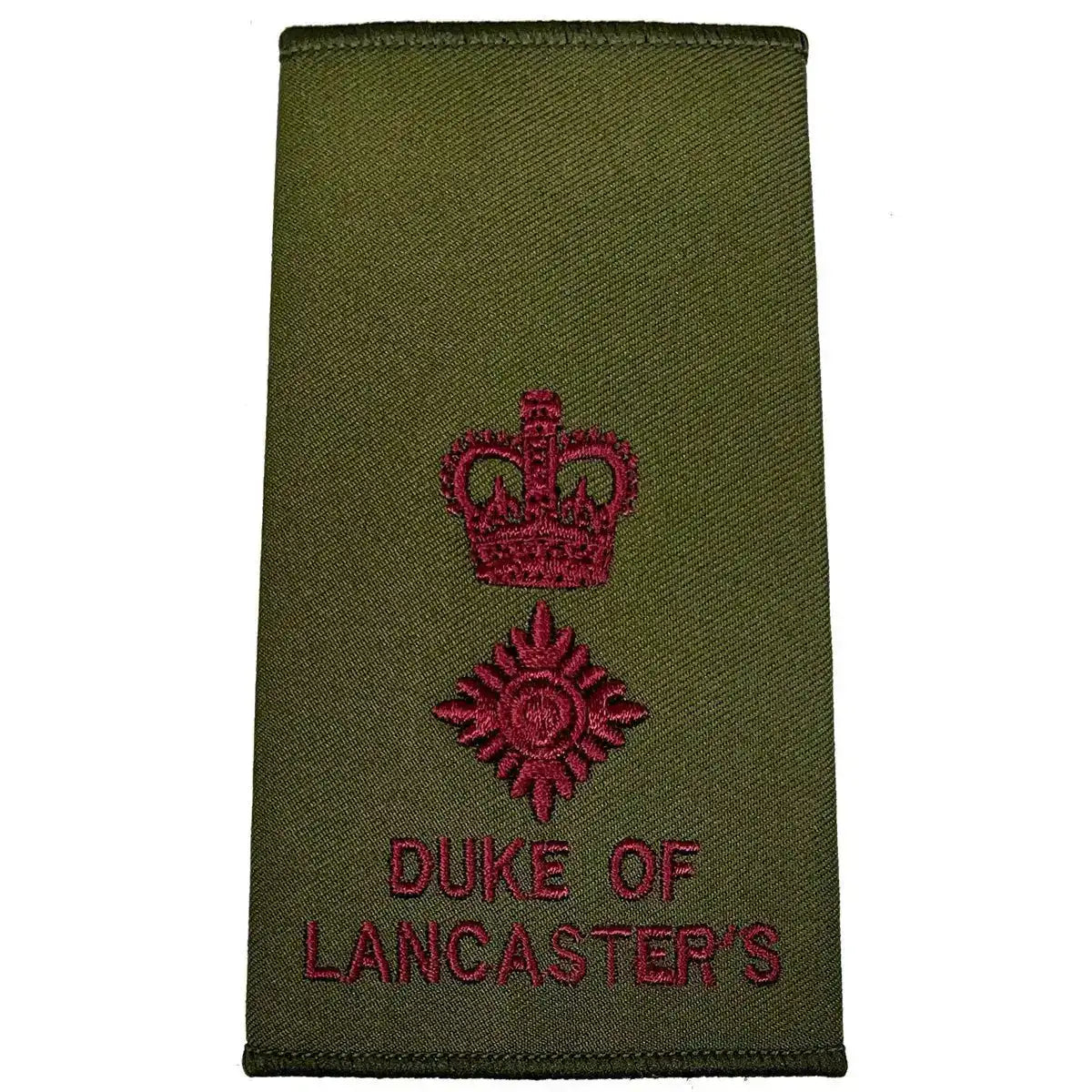Duke of Lancasters Rank Slide in Olive Green with maroon crown and star, military uniform accessory from John Bulls. LT Colonel from  John Bull Clothing 