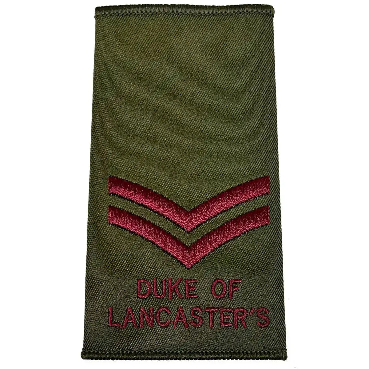 Olive Green Duke of Lancasters Rank Slide with two maroon chevrons, military-grade uniform accessory from John Bulls. Corporal from  John Bull Clothing 