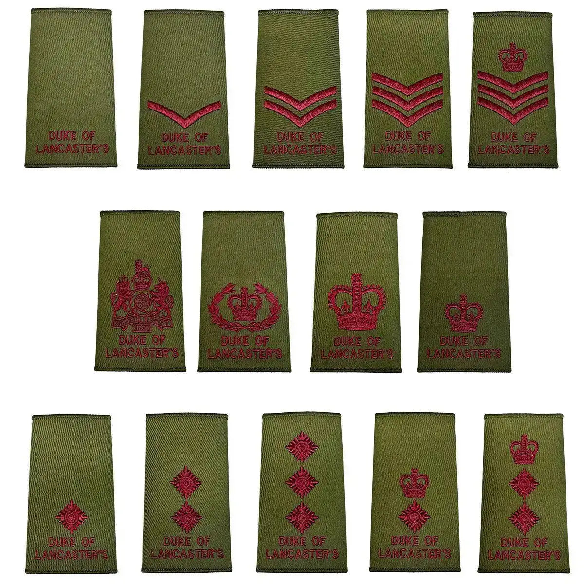 Full collection of Duke of Lancasters Rank Slides Olive Green with maroon embroidery, made to MoD specs, available at John Bulls.  from  John Bull Clothing 
