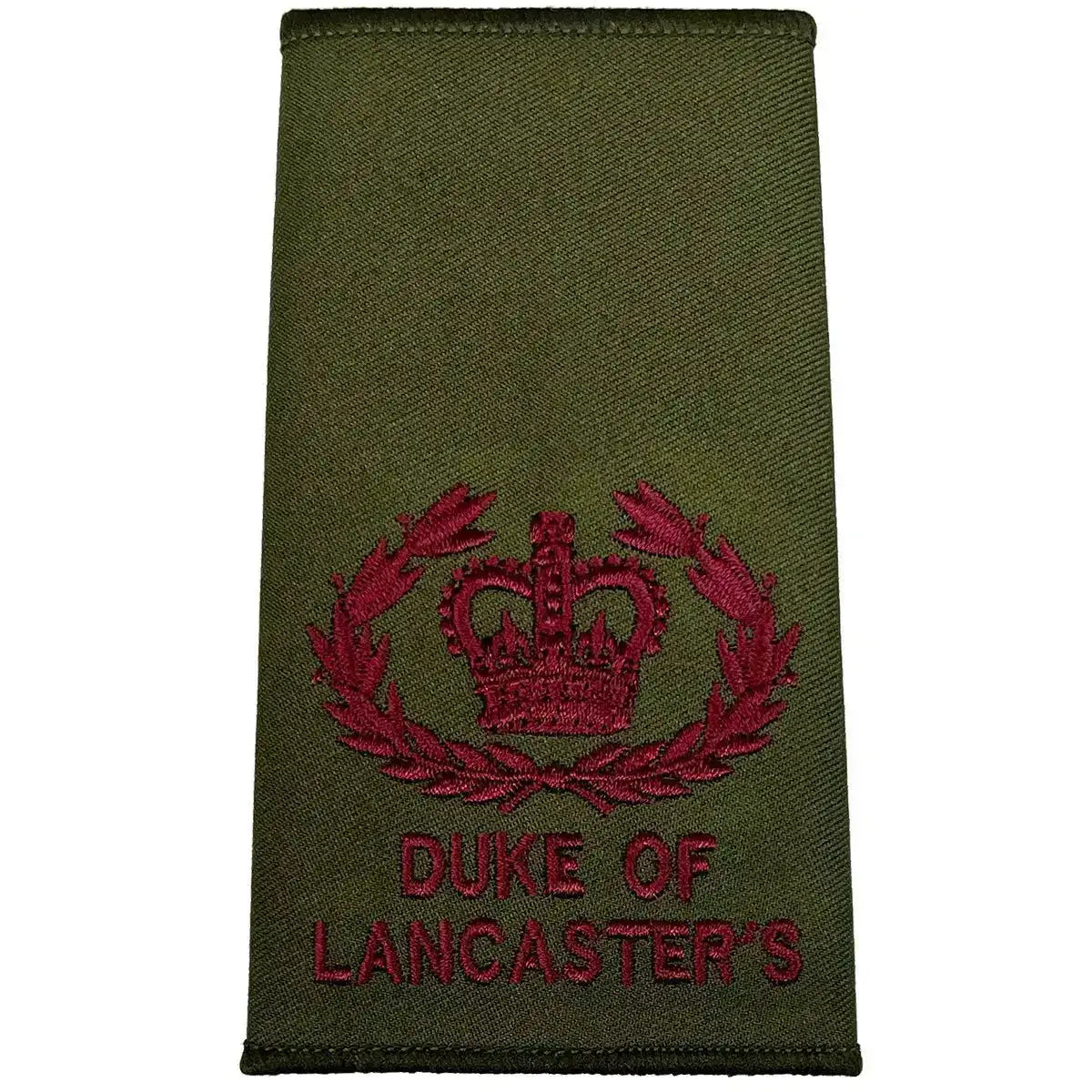Duke of Lancasters Rank Slide in Olive Green with maroon laurel crown design, MoD standard military uniform accessory. WO2 RQMS - Crown & Laurel Wreath from  John Bull Clothing 