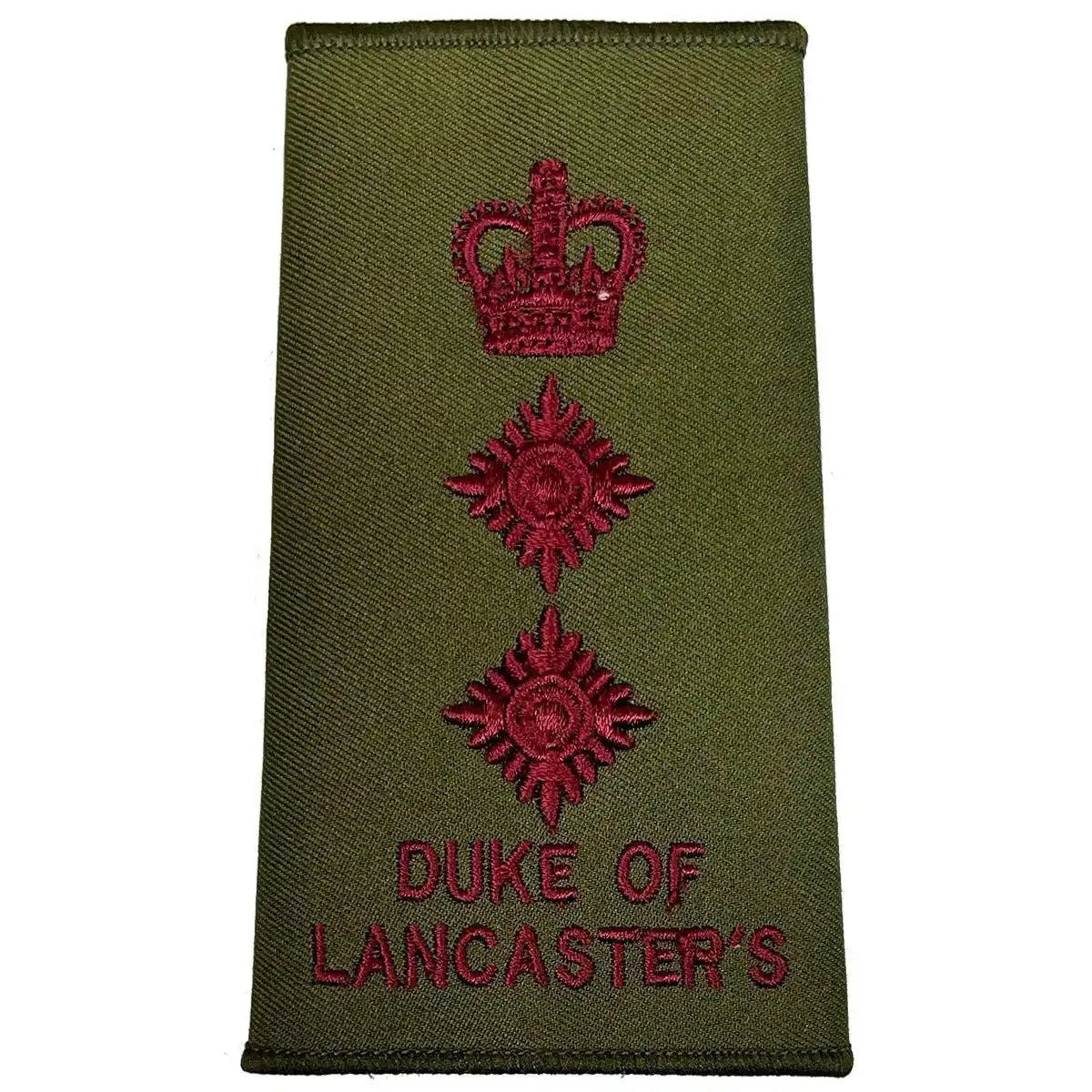 Duke of Lancasters Olive Green Rank Slide with maroon crown and two stars, MoD spec military uniform insignia. Colonel from  John Bull Clothing 