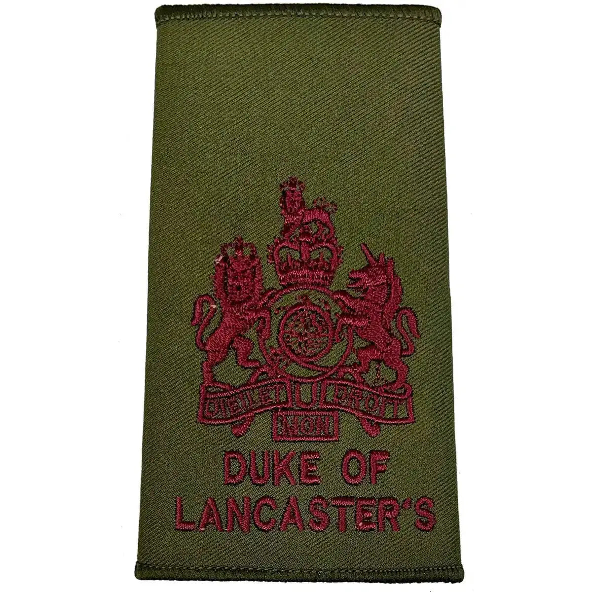 Olive Green Duke of Lancasters Rank Slide with maroon royal coat of arms embroidery, official military uniform accessory. WO1 from  John Bull Clothing 