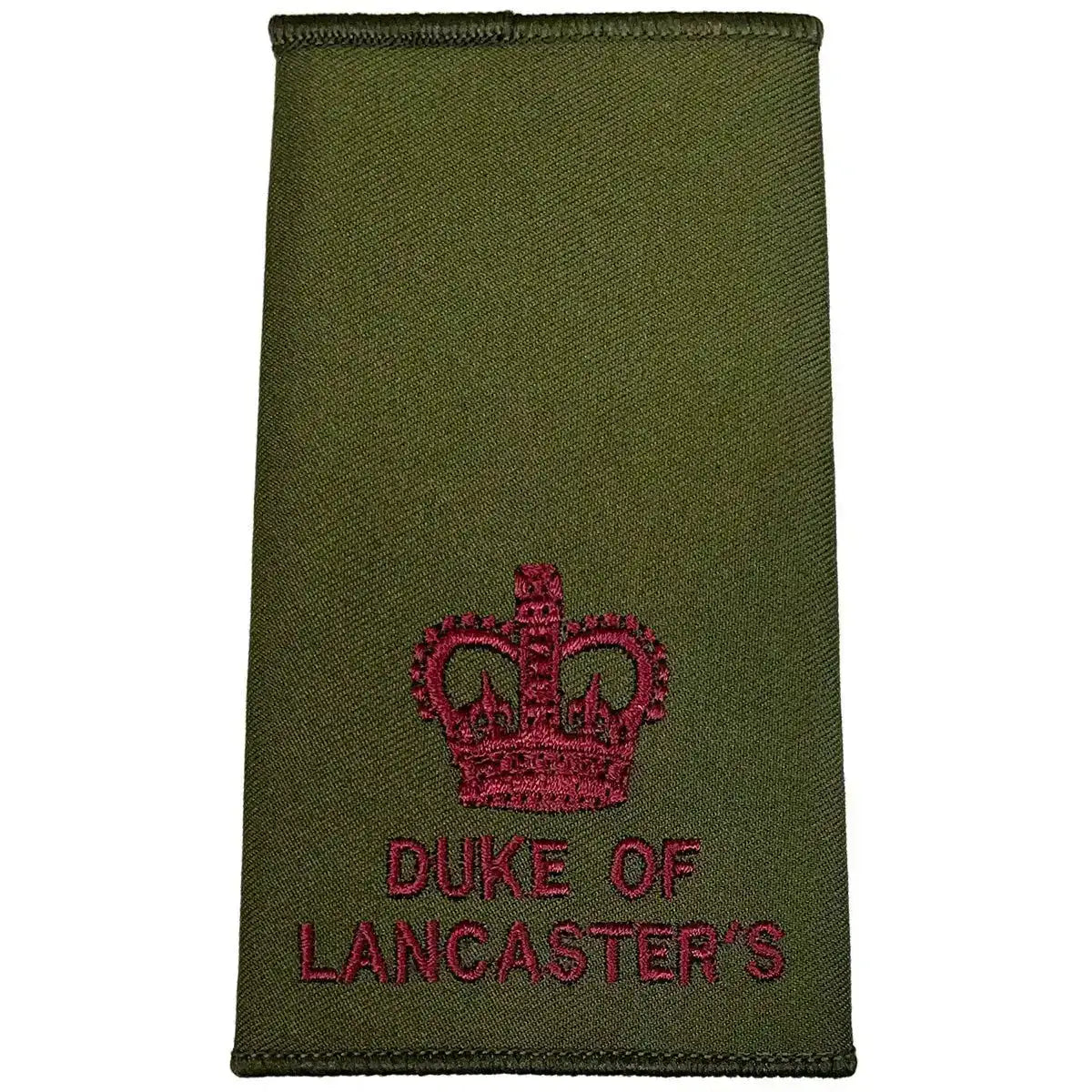 Duke of Lancasters Olive Green Rank Slide featuring a single maroon crown, military uniform accessory made to MoD specs. Major from  John Bull Clothing 