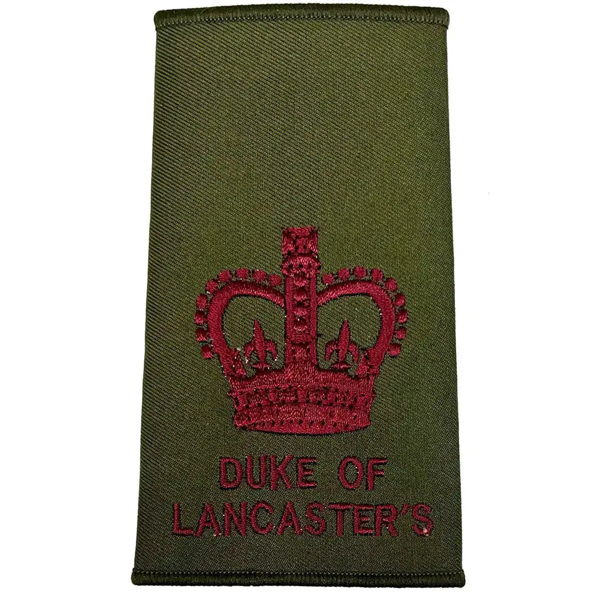 Olive Green Duke of Lancasters Rank Slide with maroon crown embroidery, military uniform insignia from John Bulls. WO2 - Large Crown from  John Bull Clothing 