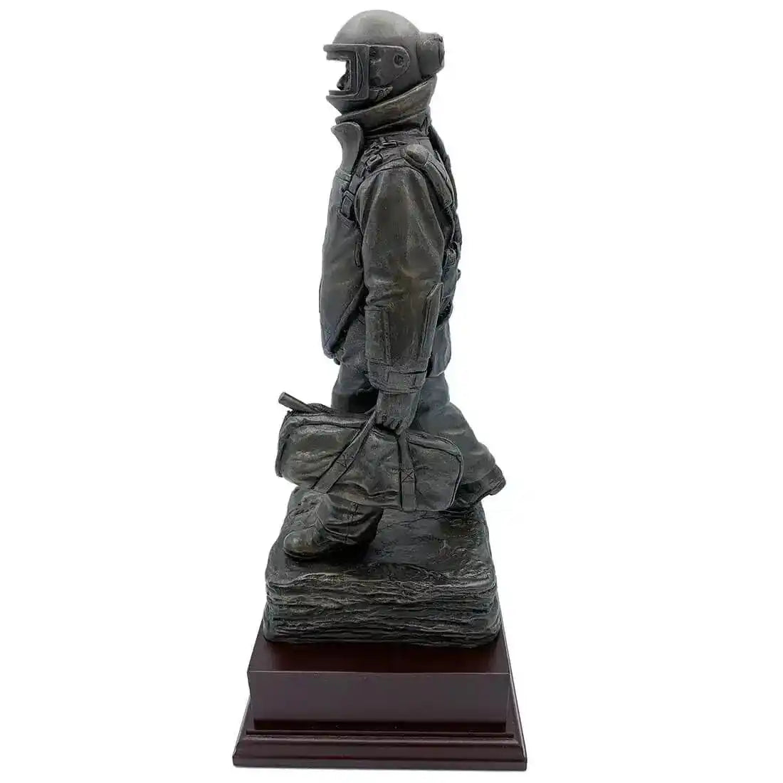 Side profile of EOD Long Walk Bronze Resin Statue depicting a detailed bomb technician mid-stride, mounted on a rosewood base.  from  John Bull Clothing 