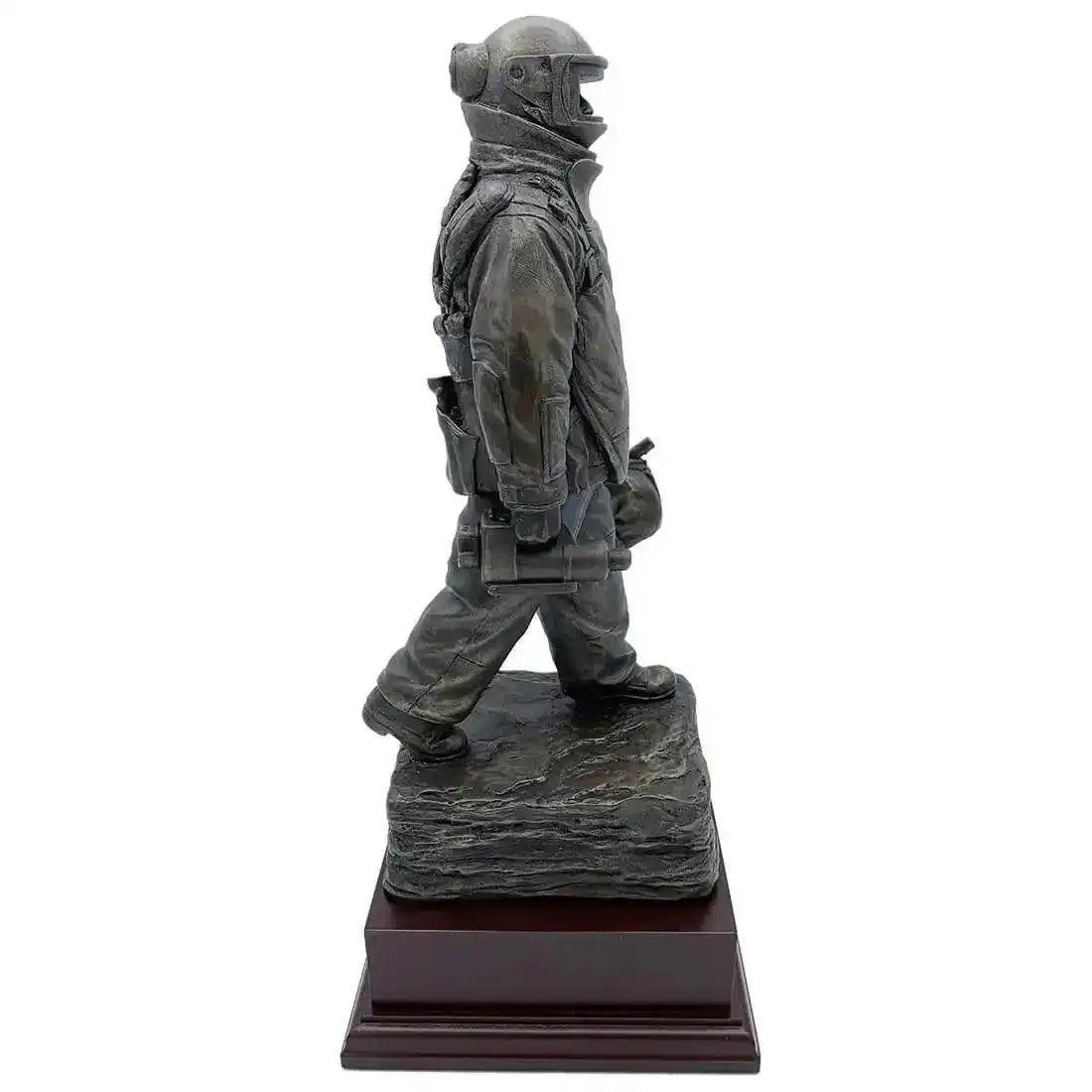 Right side view of EOD Long Walk Bronze Resin Statue showing the operator carrying a bag, crafted in bronze resin for home or office display.  from  John Bull Clothing 