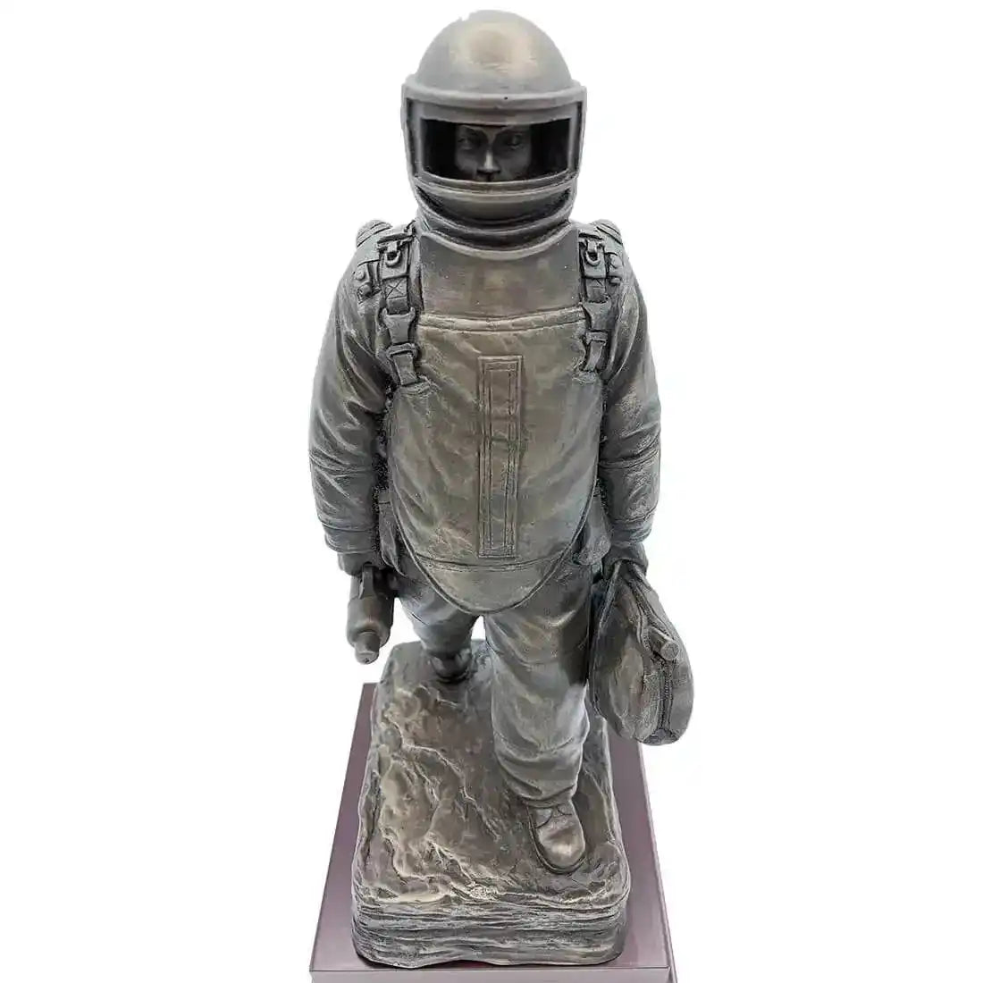 Top-down front angle of EOD Long Walk Bronze Resin Statue capturing the intense expression and protective suit of the EOD operator.  from  John Bull Clothing 