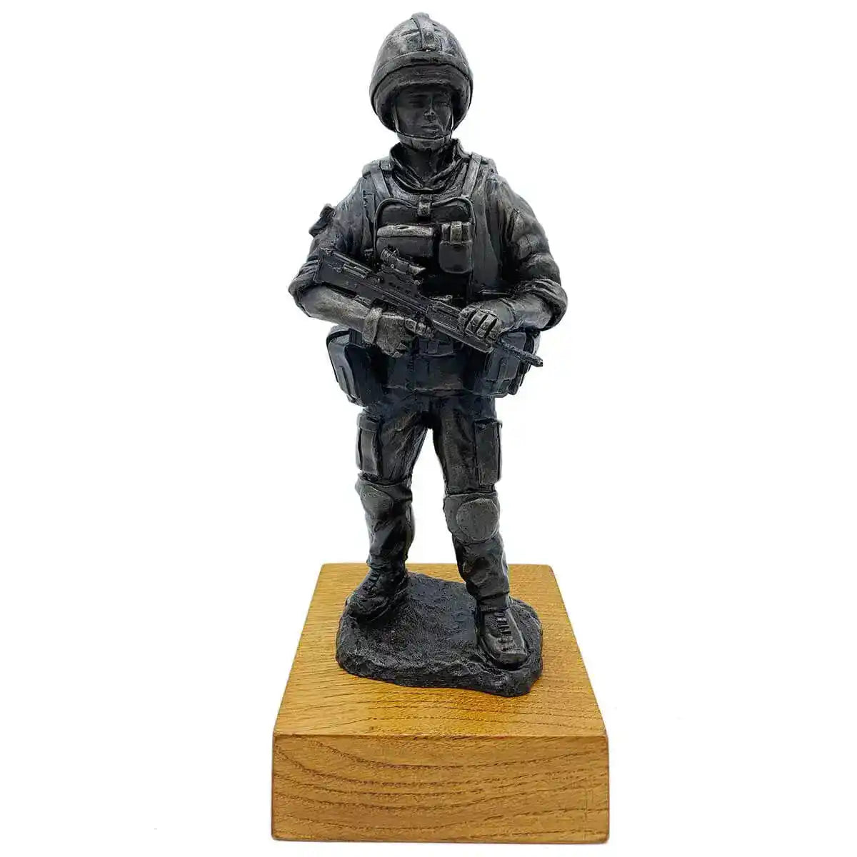 British Standing Combat Patrol Bronze Statue by John Bulls featuring a soldier in full gear with SA80 rifle on solid oak base, front view.  from  John Bull Clothing 