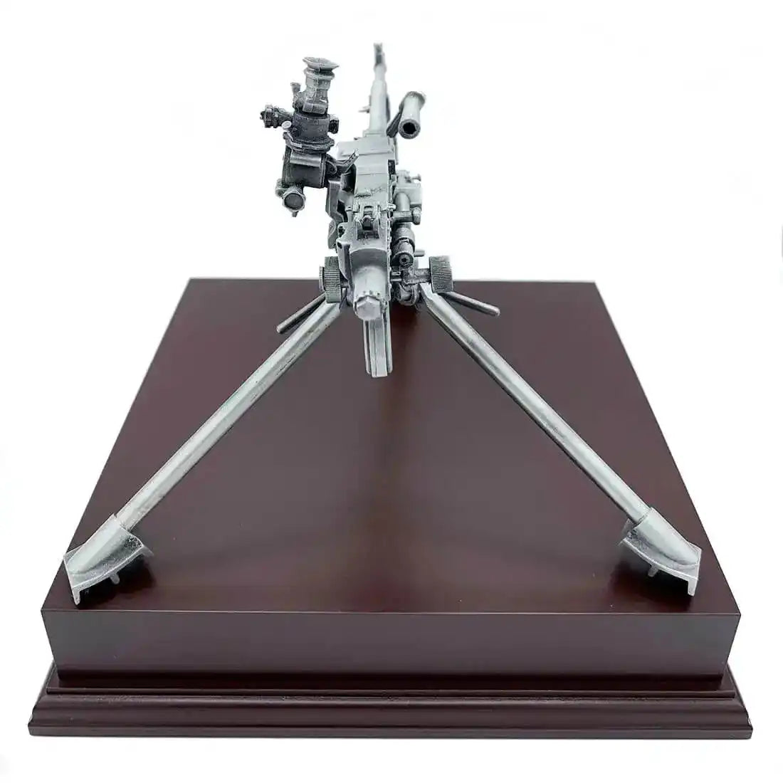 Front view of GPMG Sustained Fire Pewter Statue mounted on polished rosewood base, ideal for home or office military-themed display.  from  John Bull Clothing 