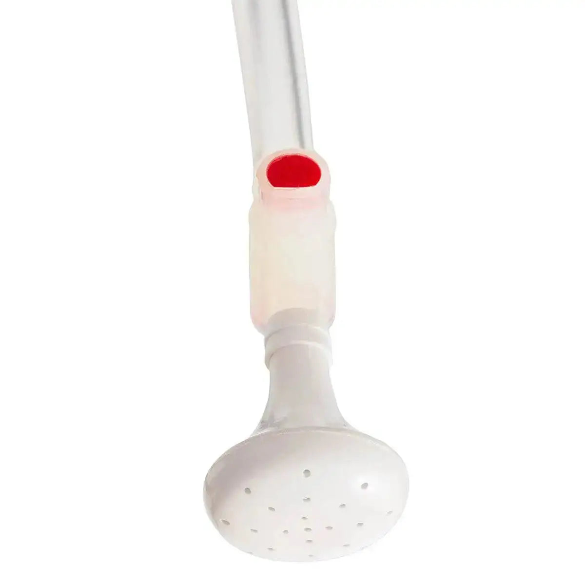 Close-up of the Highlander 20L Camping Solar Shower's white showerhead with a red valve, ensuring controlled water flow for outdoor camping and hiking use.  from  John Bull Clothing 