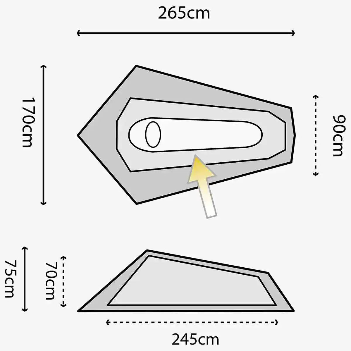 Dimensional diagram of Highlander Blackthorn 1 Person Tent Gen 2, showing internal layout, length, width, and height for solo use.  from  John Bull Clothing 