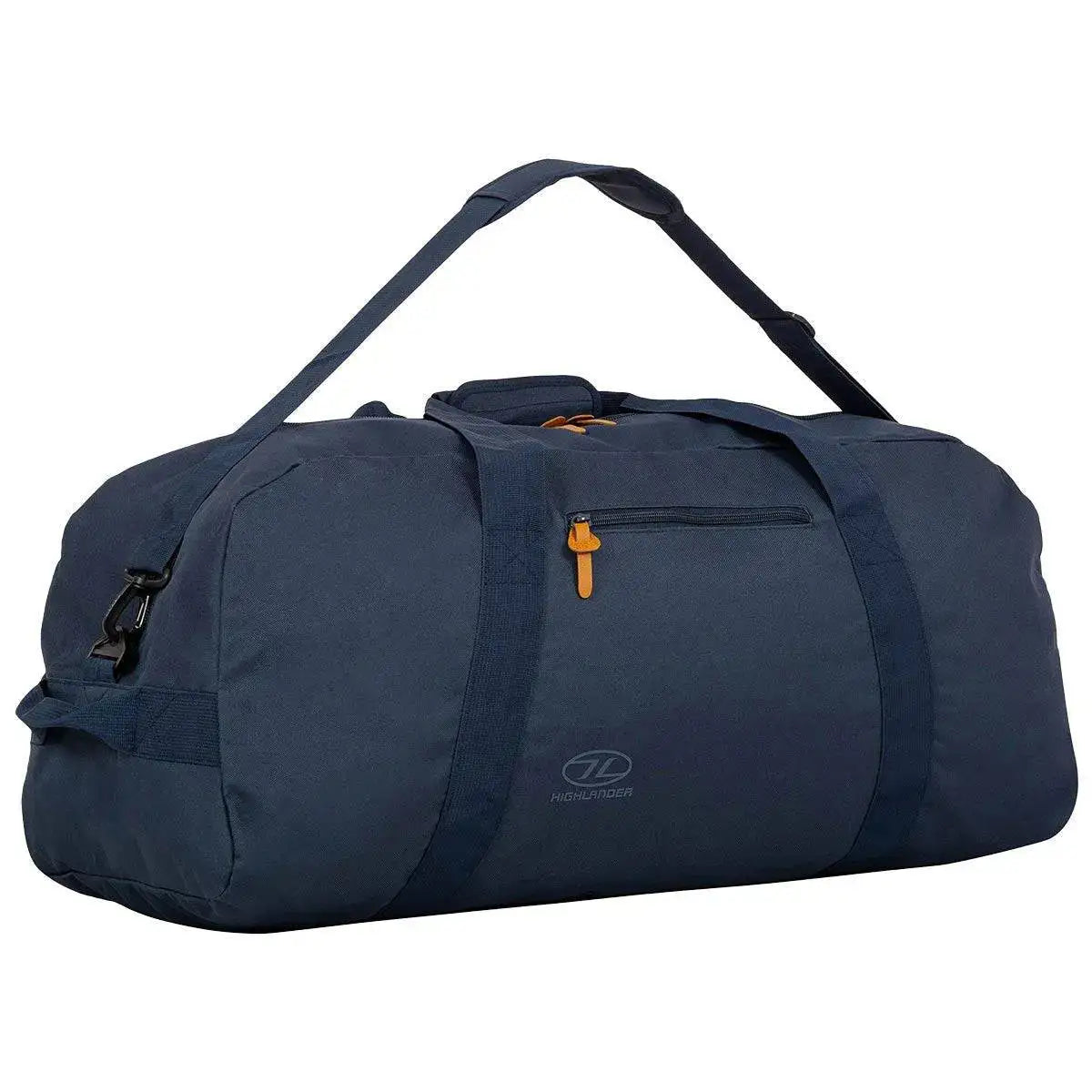 Side view of the Highlander Cargo 100L Heavy Duty Bag in navy blue, showcasing an adjustable shoulder strap, durable handles, and a spacious main compartment.  from  John Bull Clothing 