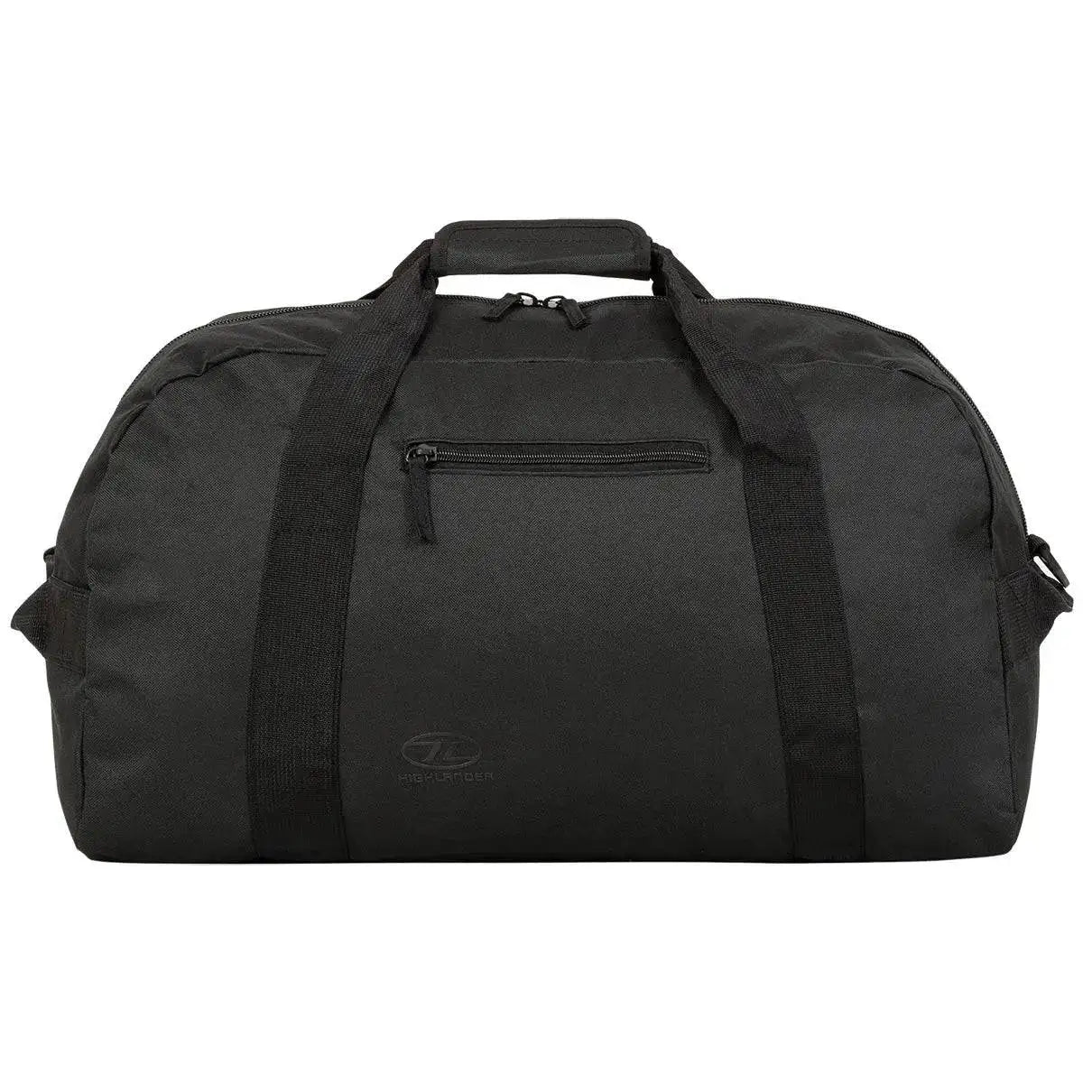 Black Highlander Cargo 65 Litre Carry Bag with reinforced straps, a zippered front pocket, and a large storage capacity. Designed for rugged travel and daily use. Black from  John Bull Clothing 