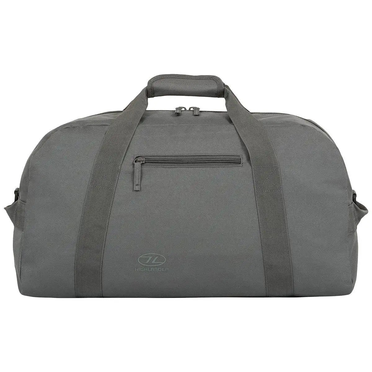 Highlander Cargo 65 Litre Carry Bag in grey with durable polyester fabric, dual handles, and a front zip pocket for secure storage. Ideal for travel and outdoor adventures. Grey from  John Bull Clothing 