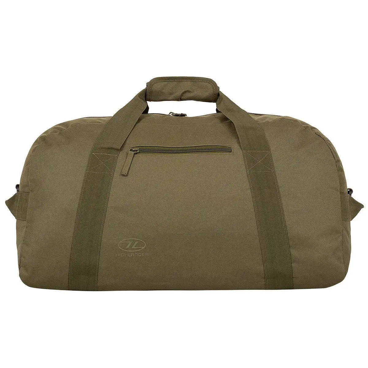 Olive Highlander Cargo 65 Litre Carry Bag with strong polyester fabric, dual handles, and a zippered front pocket. Great for outdoor adventures and travel needs. Olive Green from  John Bull Clothing 