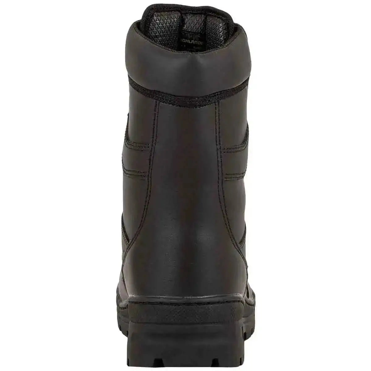 Rear view of Highlander Delta Black Police Boot showcasing padded ankle support and sturdy leather construction for durability.  from  John Bull Clothing 