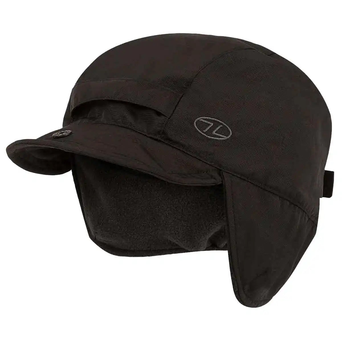 Black Highlander Dry Tech Mountain Waterproof Hat with fleece-lined ear flaps and curved brim, ideal for outdoor winter use. Black from  John Bull Clothing 