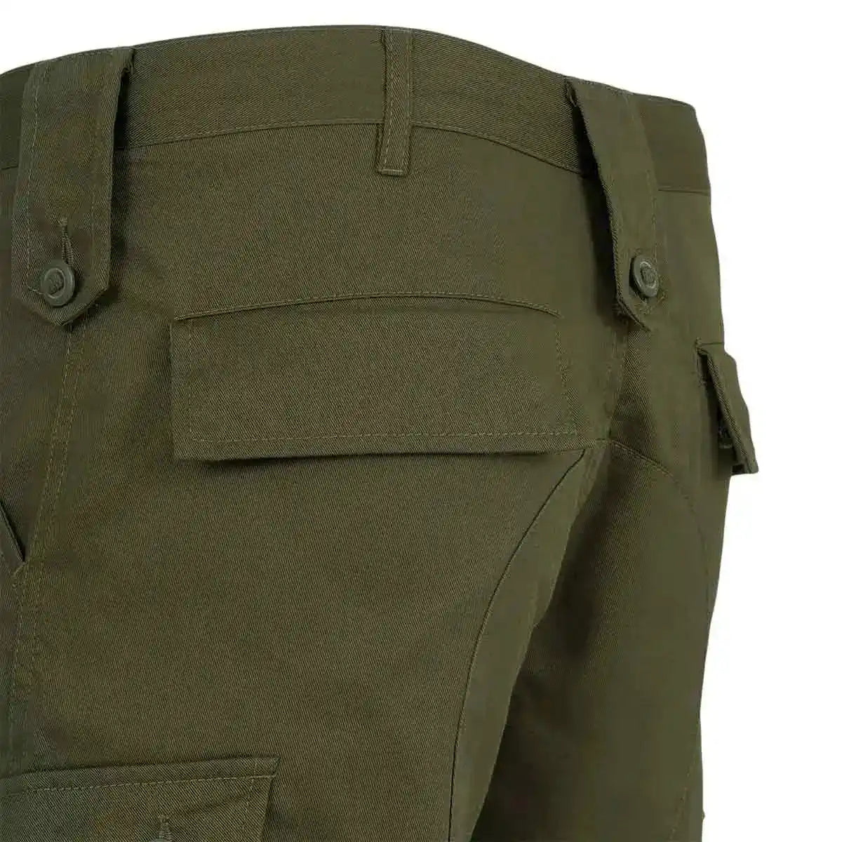 Close-up of olive green Highlander Elite Combat Shorts waistband and back pocket detailing, showcasing rugged construction.  from  John Bull Clothing 