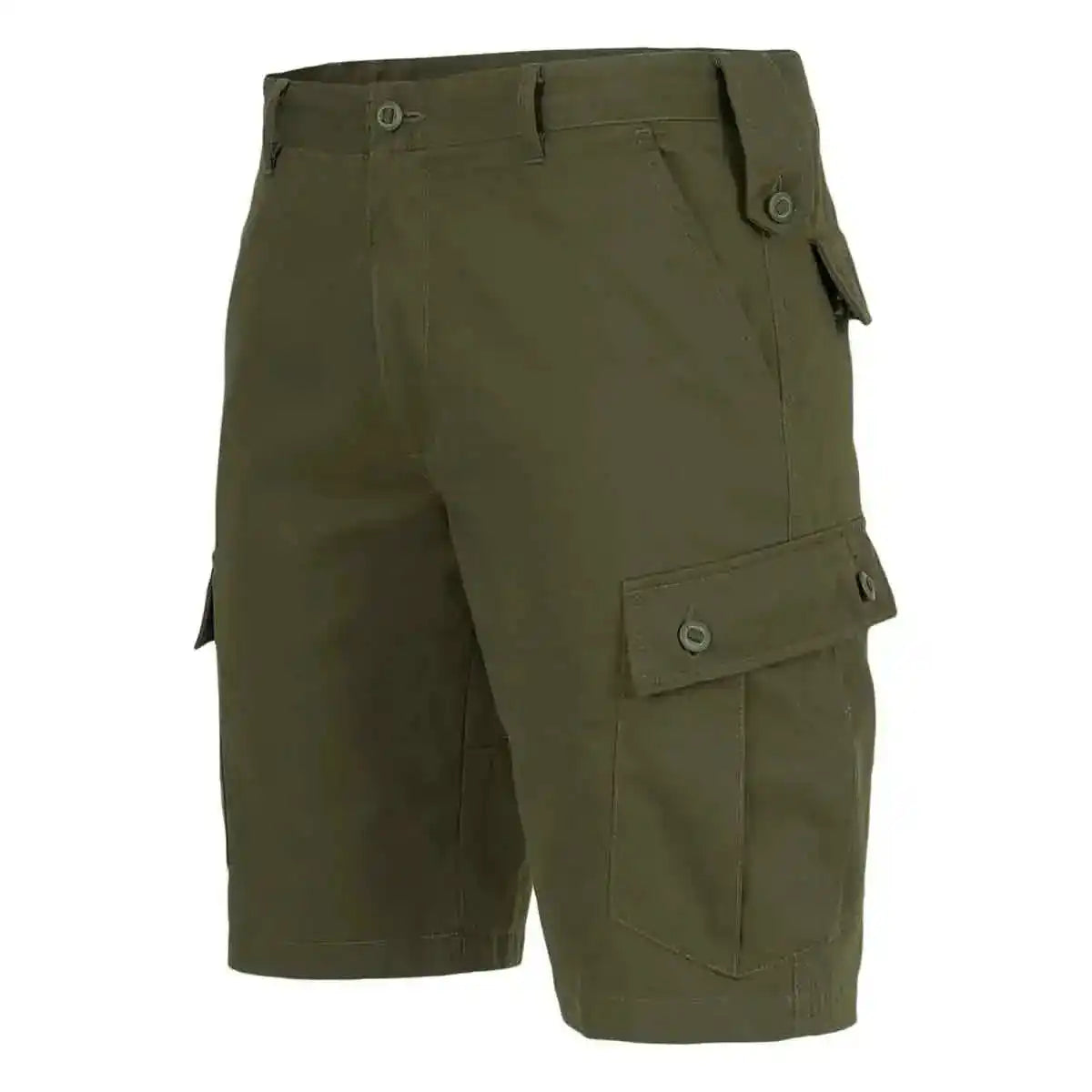 Side angle of olive green Highlander Elite Combat Shorts highlighting buttoned cargo pockets and tactical design. Green from  John Bull Clothing 