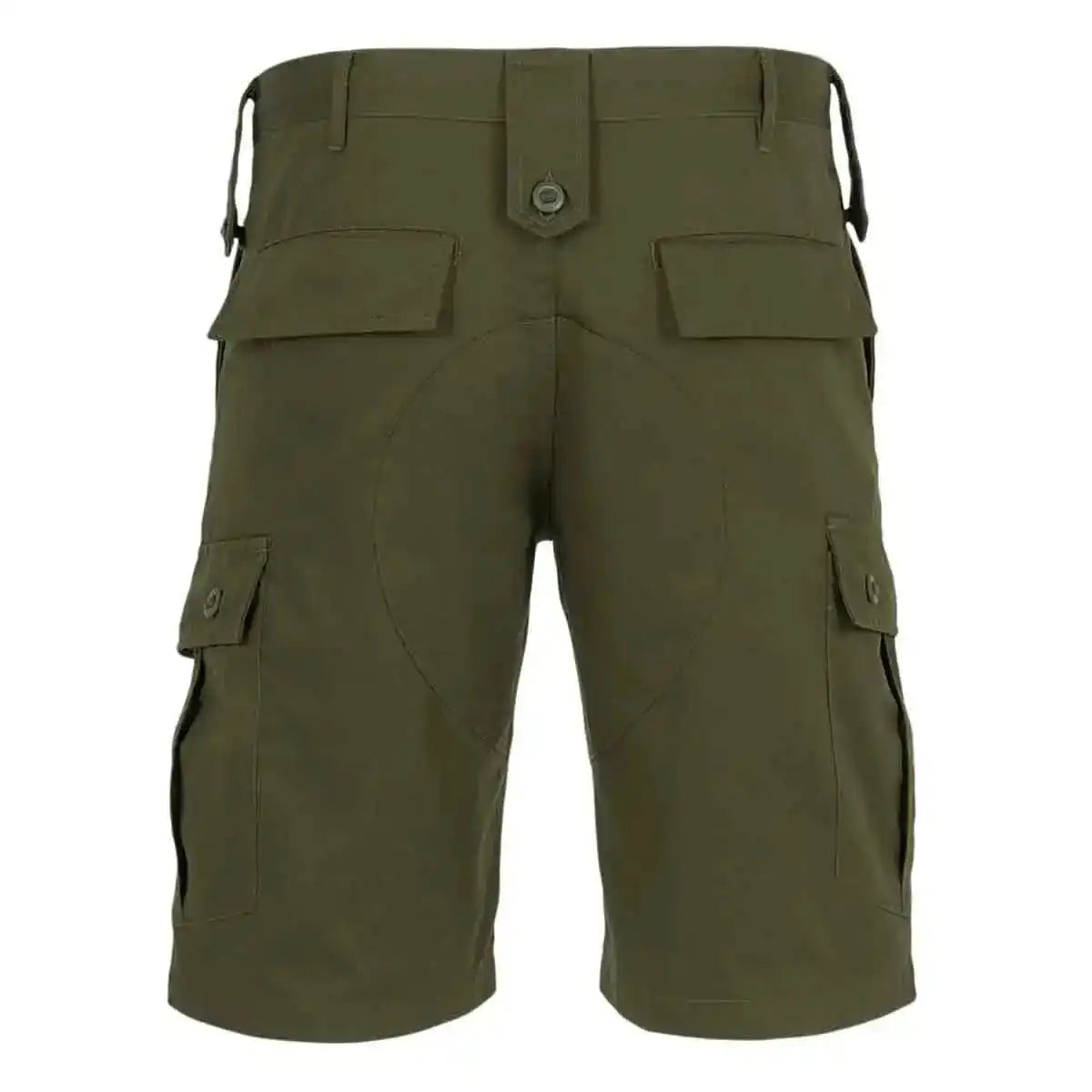 Rear view of olive green Highlander Elite Combat Shorts showing reinforced seat and back pockets for added durability.  from  John Bull Clothing 