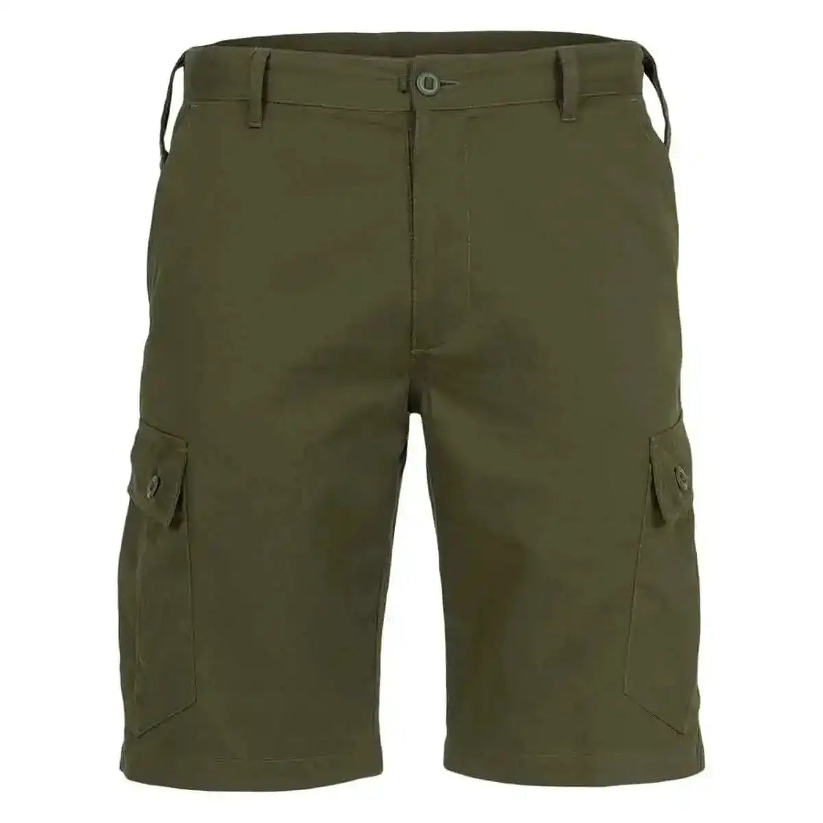 Front view of olive green Highlander Elite Combat Shorts with belt loops and dual cargo pockets for functional outdoor performance.  from  John Bull Clothing 