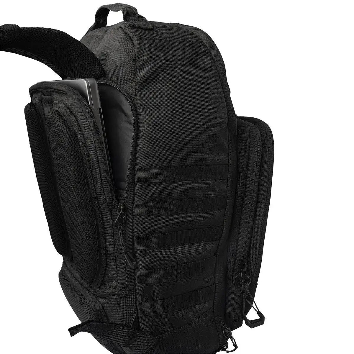 Side view of Highlander Harrier 25L Clamshell Rucksack in black, showcasing a dedicated laptop compartment for secure storage of a 15-inch PC.  from  John Bull Clothing 