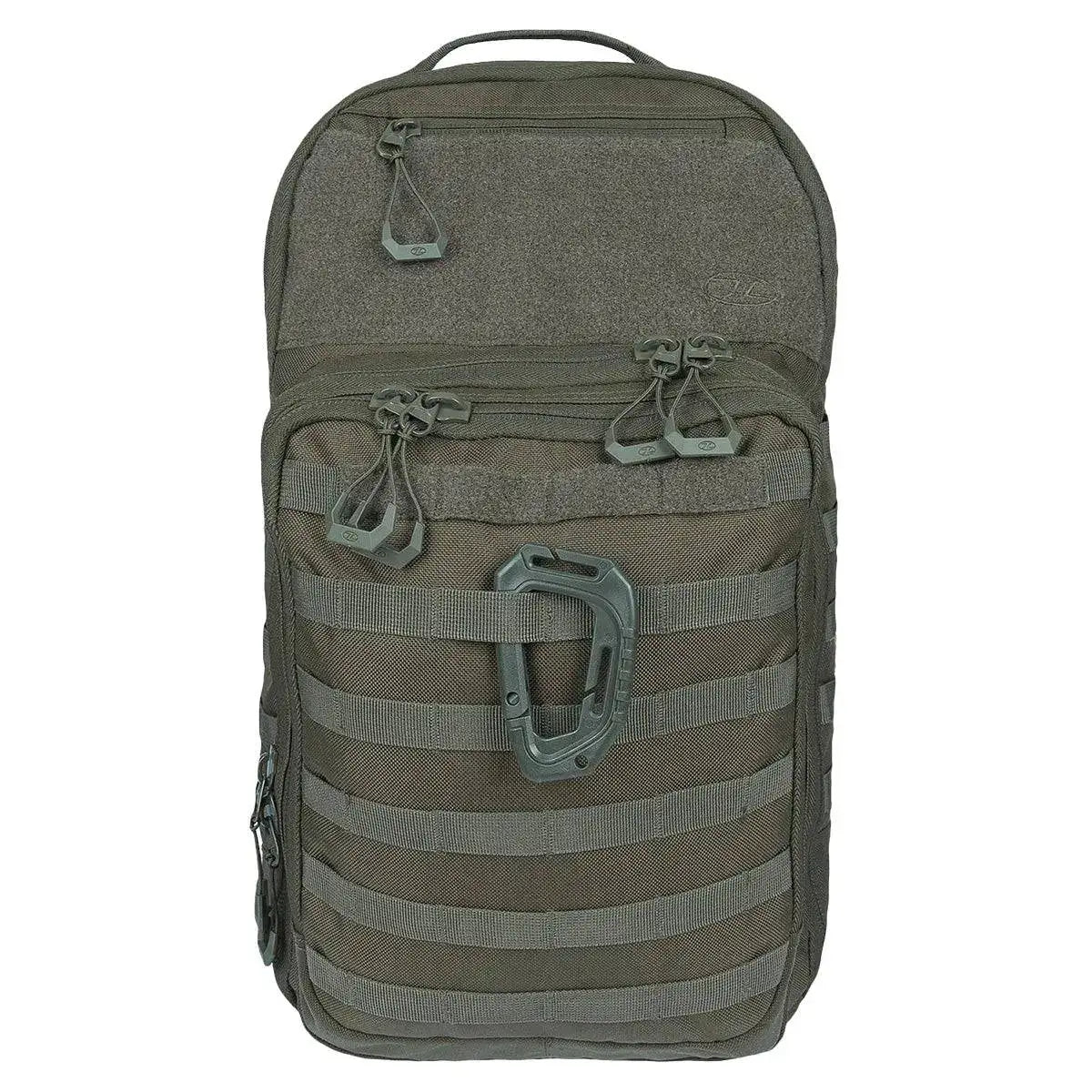 Highlander Harrier 25L Clamshell Rucksack in olive green featuring MOLLE webbing and durable construction for tactical and outdoor activities. Ranger Green from  John Bull Clothing 